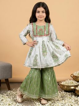 Readiprint - Peplum Style Cotton Fabric Green Color Kurti With Sharara