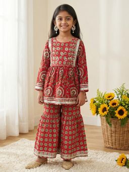 Readiprint - A Line style Cotton fabric Red color Kurti with Sharara