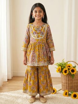Readiprint - Peplum Style Cotton Fabric Mustard Color Kurti With Sharara
