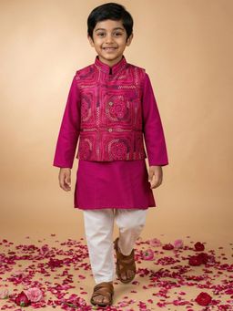Readiprint - Straight Style Cotton Fabric Pink Kurta And Pyjama With Nehru Jacket
