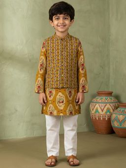 Readiprint - Straight Style Cotton Fabric Mustard Kurta And Pyjama With Nehru Jacket