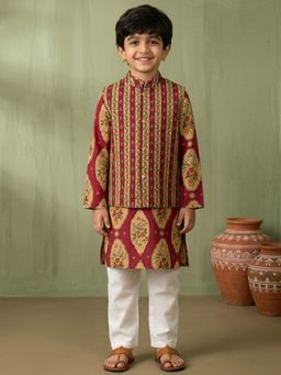 Readiprint - Straight Style Cotton Fabric Red Kurta And Pyjama With Nehru Jacket
