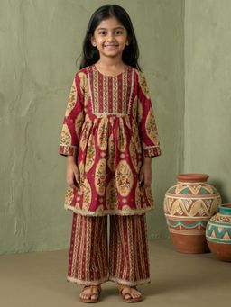 Readiprint - Peplum Style Cotton Fabric Red Kurti And Palazzo