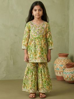 Readiprint - Peplum Style Cotton Fabric Green Kurti And Sharara