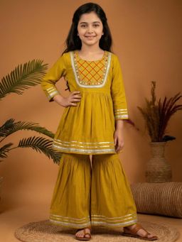 Readiprint - Peplum Style Mul Chanderi Fabric Mustard Color Kurti With Sharara