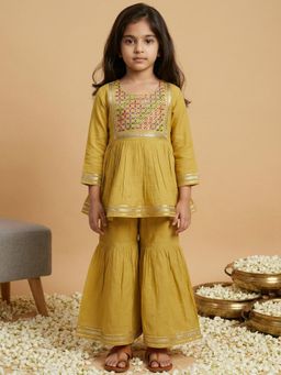 Readiprint - A Line style Roman fabric Yellow color Kurti with Sharara