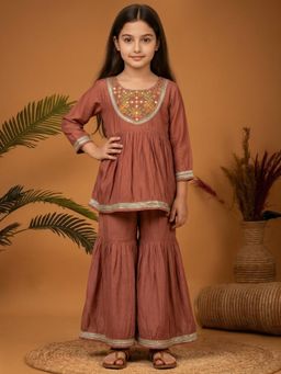 Readiprint - Peplum Style Mul Chanderi Fabric Brown Color Kurti With Sharara
