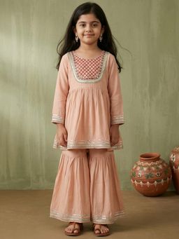 Readiprint - Peplum Style Mul Chanderi Fabric Peach Color Kurti With Sharara
