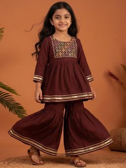 Readiprint - Peplum Style Mul Chanderi Fabric Brown Color Kurti With Sharara