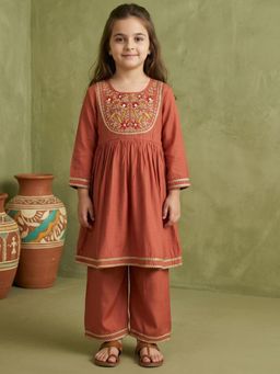Readiprint - A Line style Roman fabric Peach color Kurti with Sharara