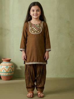 Readiprint - Straight style Mul Chanderi fabric Brown Kurti with Patiala