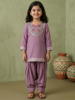 Readiprint - Straight Style Mul Chanderi Fabric Violet Color Kurti With Salwar