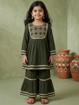 Readiprint - A Line style Mul Chanderi fabric Olive Kurti with Sharara