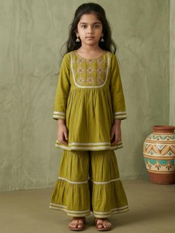 Readiprint - Peplum Style Mul Chanderi Fabric Lime Green Color Kurti With Sharara