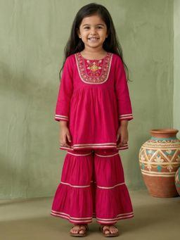 Readiprint - Peplum Style Mul Chanderi Fabric Pink Color Kurti With Sharara