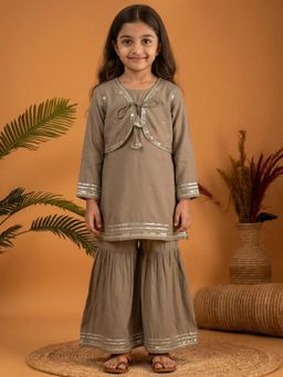 Readiprint - A Line Style Mul Chanderi Fabric Beige Kurti And Sharara With Attached Koti