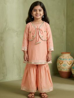 Readiprint - A Line Style Mul Chanderi Fabric Peach Kurti And Sharara With Attached Koti