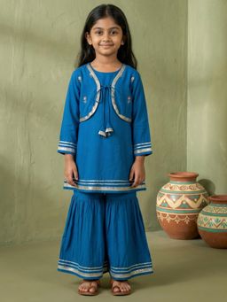 Readiprint - A Line Style Mul Chanderi Fabric Blue Kurti And Sharara With Attached Koti