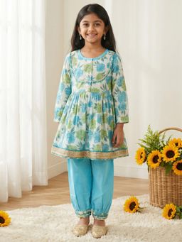 Readiprint - Peplum Style Cotton Fabric Blue Color Kurti With Salwar