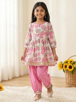 Readiprint - Peplum Style Cotton Fabric Pink Color Kurti With Salwar