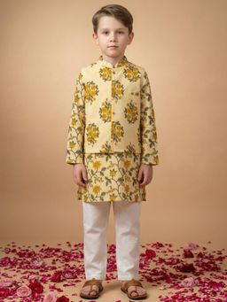 Readiprint - Straight Style Cotton Fabric Yellow Kurta And Pyjama With Nehru Jacket