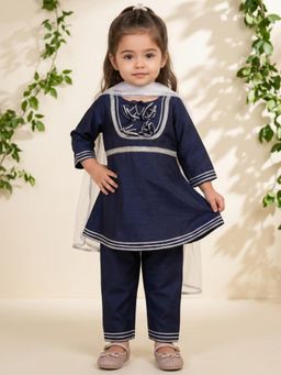 Readiprint - A-Line Style Silk Fabric Navy Blue Anarkali Kurti With Pant And Dupatta