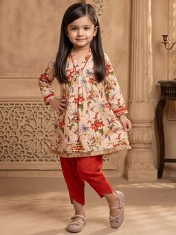 Readiprint - Peplum Style Cotton Fabric Beige Color Kurti With Dhoti Pant