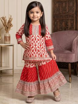 Readiprint - Straight Style Cotton Fabric Red Color Kurti With Sharara