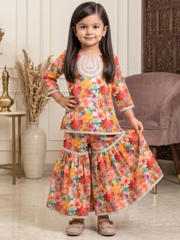 Readiprint - Straight Style Art Silk Fabric Orange Color Kurti With Sharara