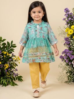 Readiprint - Peplum Style Organza Fabric Green Color Kurti With Pant