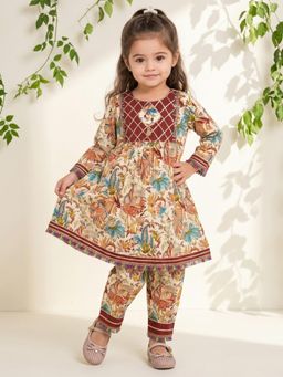 Readiprint - Anarkali Style Cotton Fabric Beige Color Kurti With Harem Pants