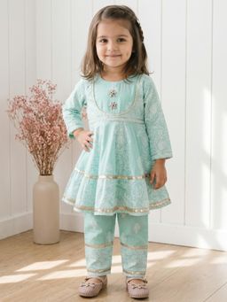 Readiprint - Peplum Style Cotton Fabric Green Color Anarkali Kurti With Pant