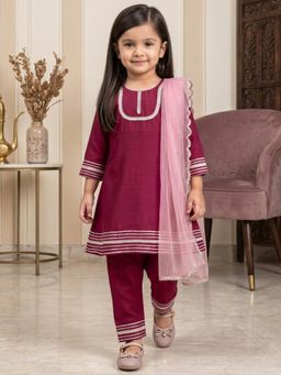 Readiprint - A-Line Style Silk Fabric Maroon Color Kurti With Pant And Dupatta