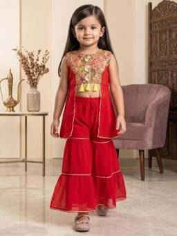 Readiprint - Straight Style Cotton Fabric Red Color Kurti With Sharara