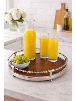 De Maison Decor - Brown Wood & Aluminium Round Sheesham Serving Tray