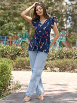 MOJILAA - Women Rayon Navy Blue Printed Top