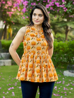 MOJILAA - Women Rayon Mustard Printed Top