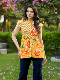 MOJILAA - Women Crepe Yellow Printed Top