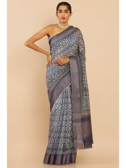 Soch - Women Blue Chanderi Saree with Unstitched Blouse