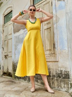 PURVAJA - Women Solid Yellow Midi Dress