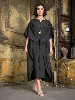 PURVAJA - Women Solid Black Tie Ups Midi Dress