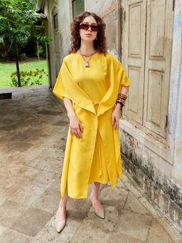 PURVAJA - Women Solid Yellow Tie Ups Midi Dress
