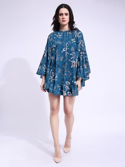 PURVAJA - Women Printed Blue Flared Mini Dress