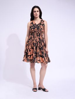 PURVAJA - Women Printed Brown Flared Mini Dress