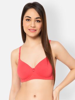 Clovia - Cotton Spandex Solid Padded Full Cup Wire Free T-shirt Bra - Dark Red