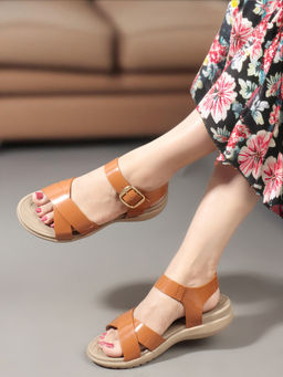 ELLE - Tan Color Women Buckle Comfort Sandals