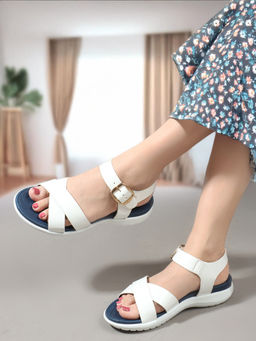 ELLE - White Color Women Buckle Comfort Sandals