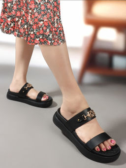 ELLE - Black Color Women Slip-On Comfort Sandals