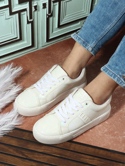 ELLE - White Textured Lace-Ups Women Sneakers