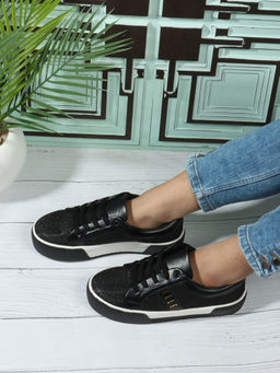 ELLE - Black Textured Lace-Ups Women Sneakers